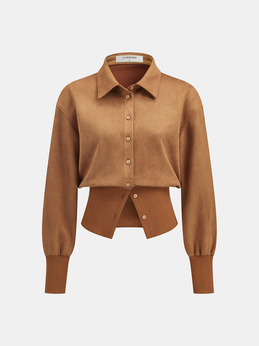 Cinched Waist Button-Front Suede Shirt