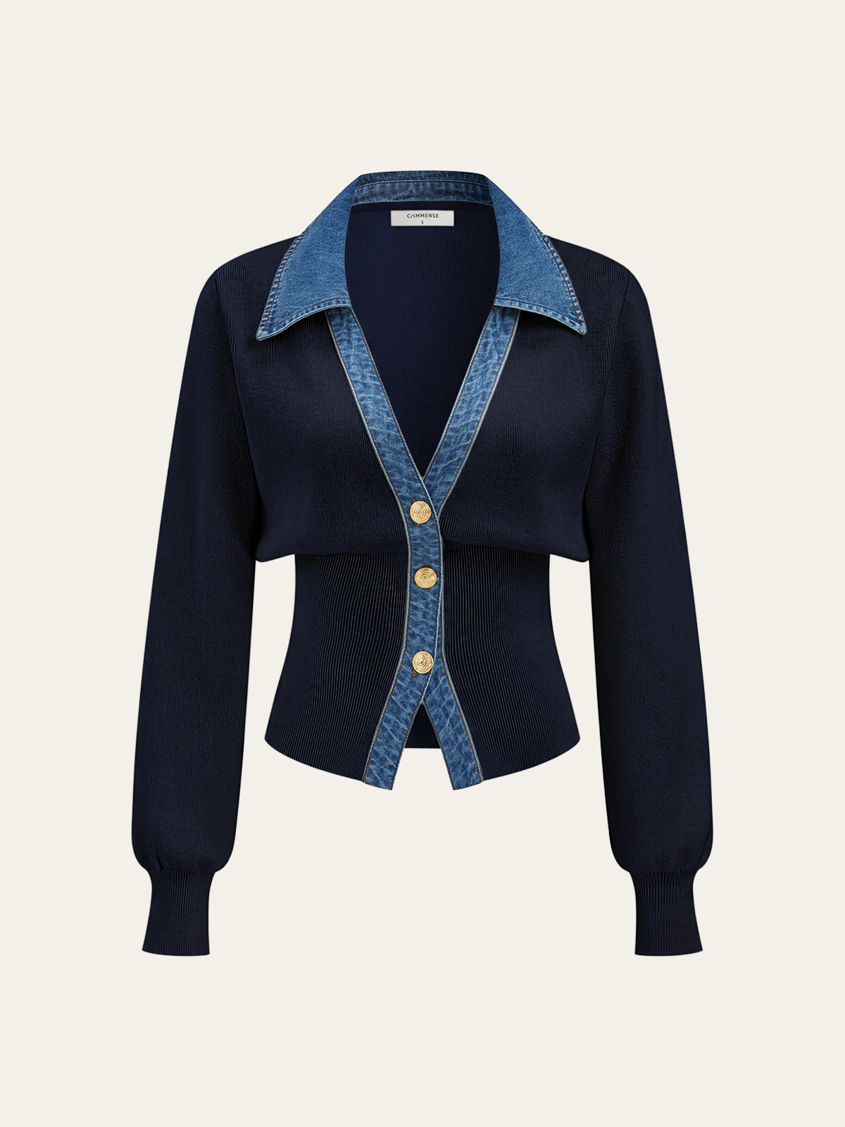 Denim Collar Metal Button V-Neck Knit Top