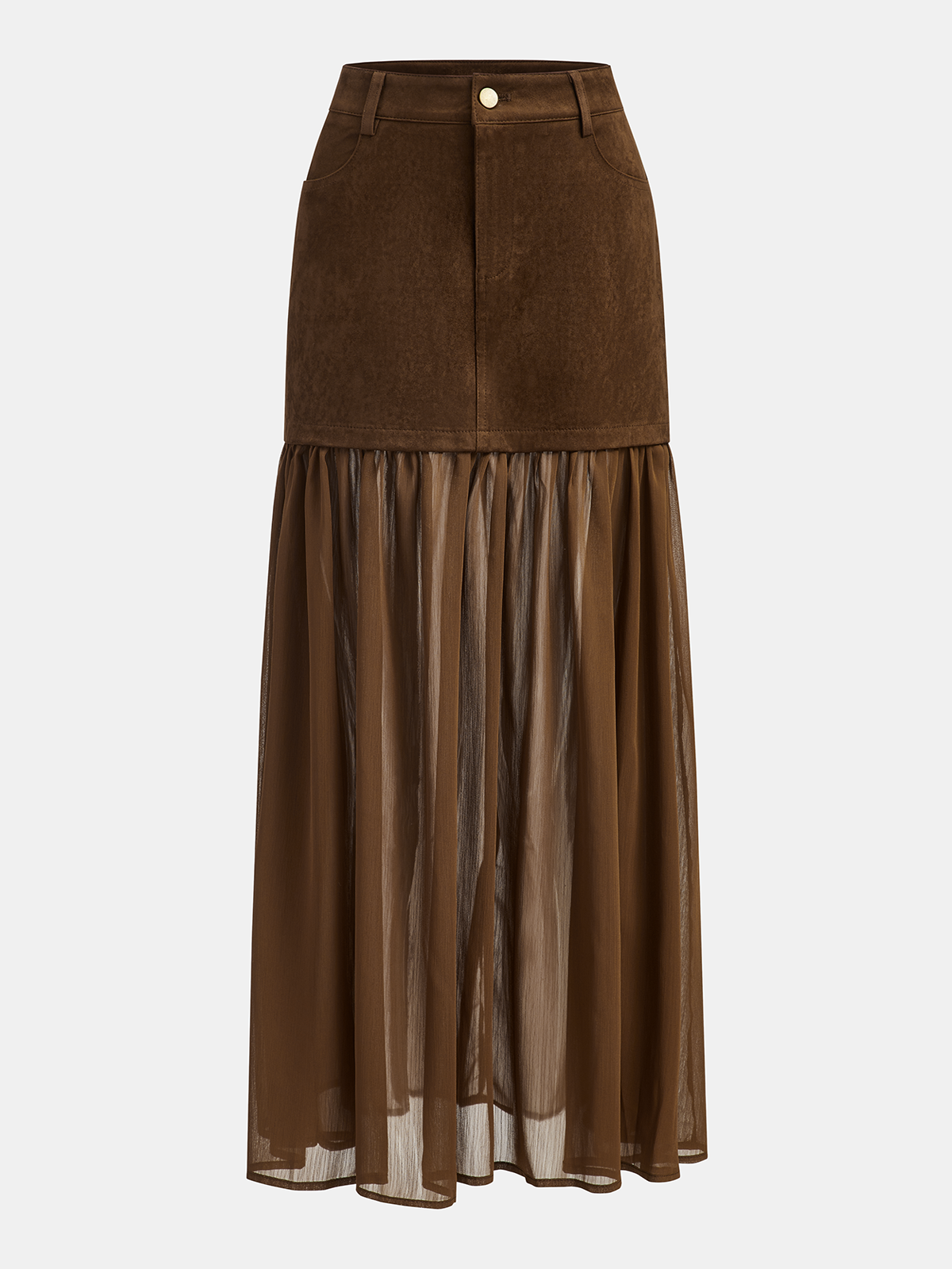 Semi-Sheer Mesh Panel Suede Maxi Skirt