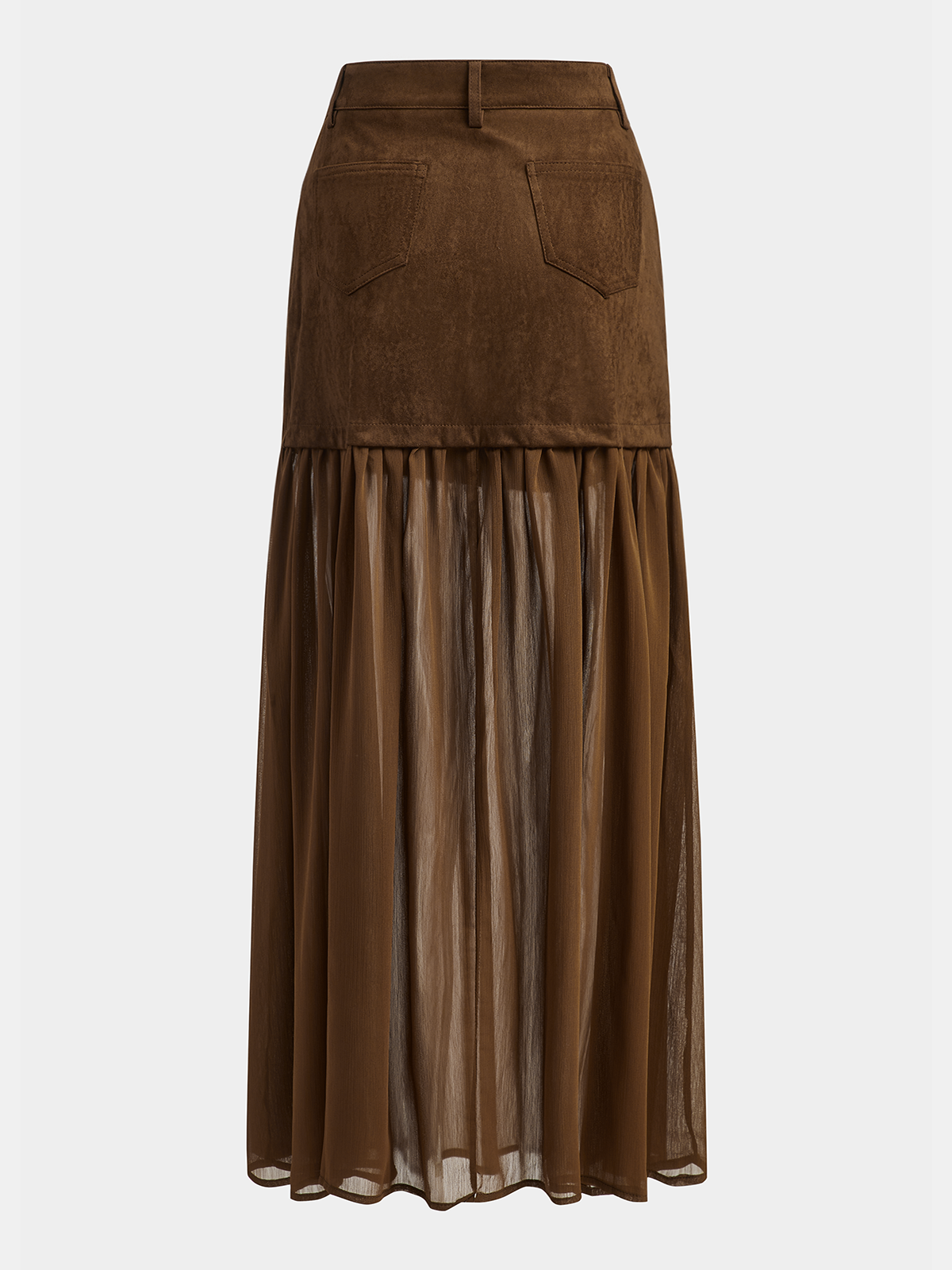 Semi-Sheer Mesh Panel Suede Maxi Skirt