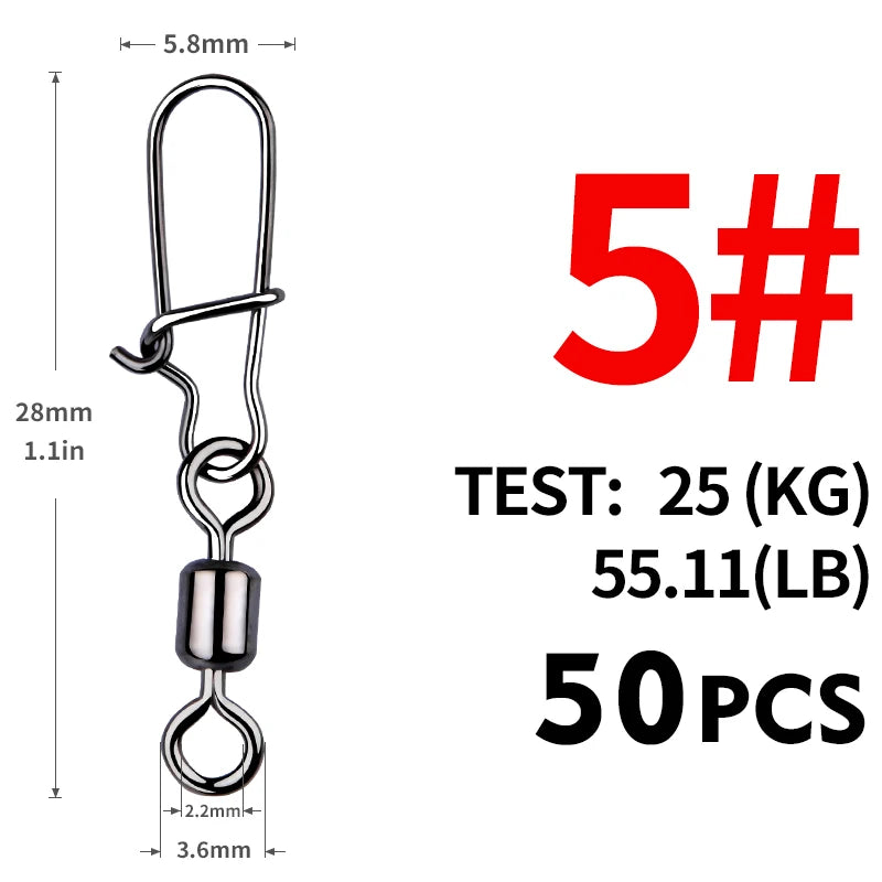 MEREDITH Fishing Connector 50PCS/Lot 2# 4# 6# 8# 10# Pin Bearing Rolling Swivel Stainless Steel With Snap Fishhook Lure Tackle