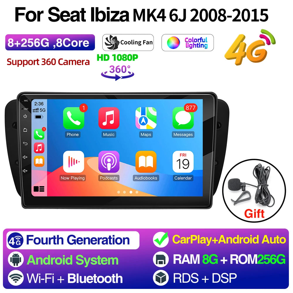 Android Car Radio for Seat Ibiza MK4 6J 2008-2015 Multimedia Player CarPlay Android Auto GPS Bluetooth WIFI Car Head Unit 9inch