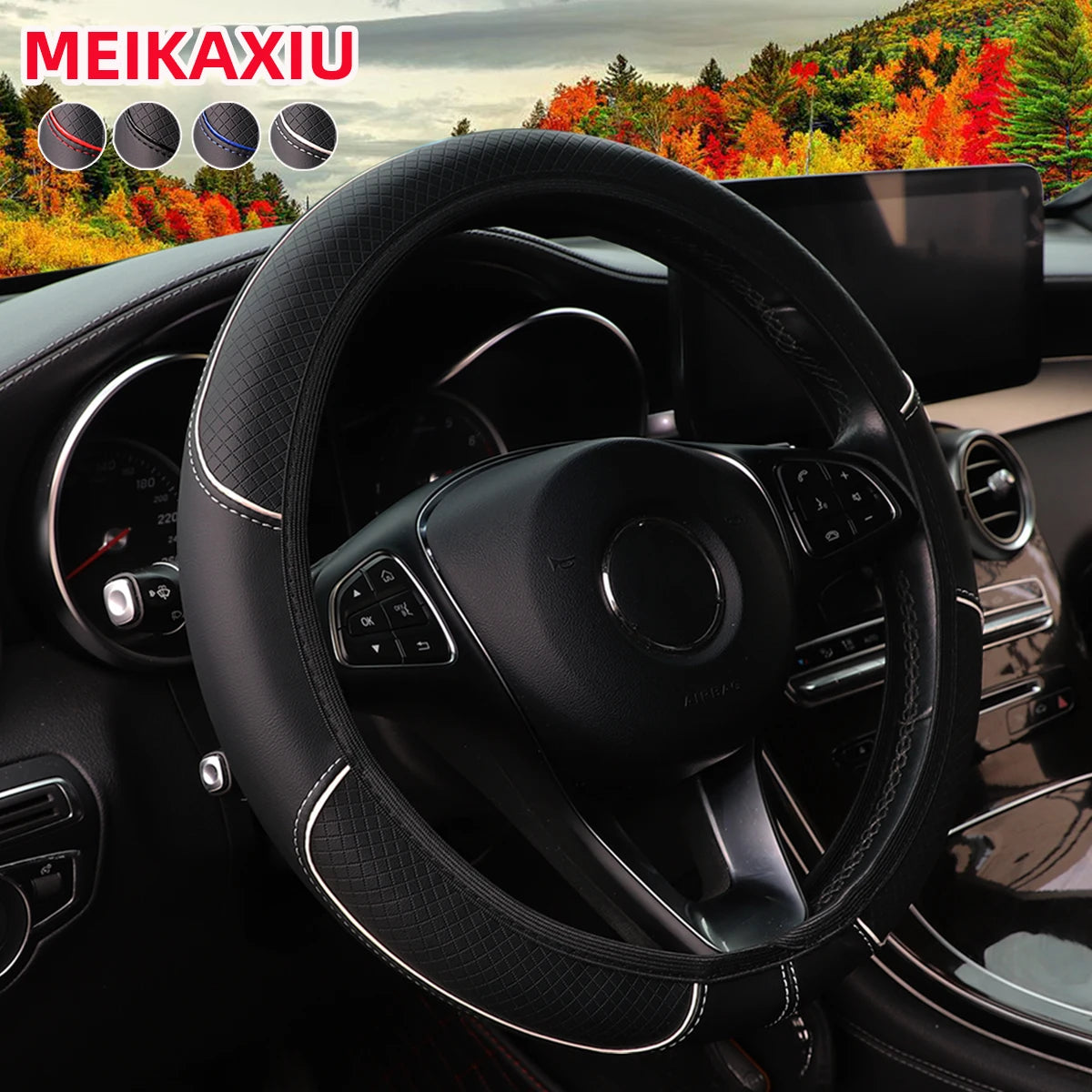 PU Check-Pattern Embossed Leather Trim for Car Non-Ring Steering Wheel Cover for Car Interior Accessories 37-38cm
