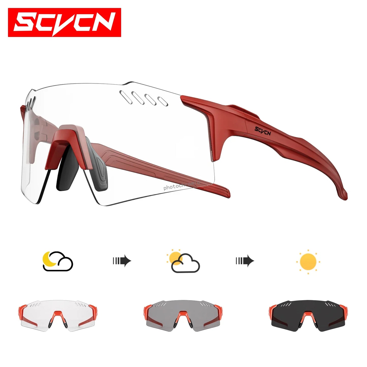 SCVCN Red Photochromic UV400 Sunglasses Cycling Glasses Sports for Men Mountain Bike Road Bicycle Eyewear Fashion Goggles MTB