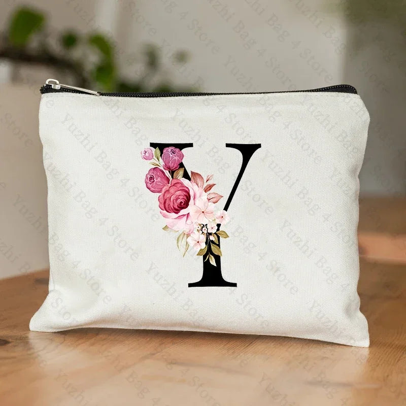 26 Letters Flower Makeup Bag Printed Bridesmaid Wedding Gift Graduation Teacher's Day Gift Storage Bag Travel perfume Side Bag