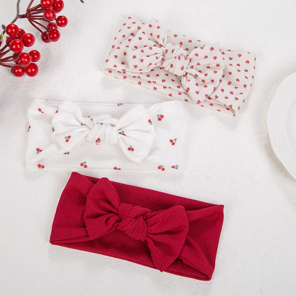 3Pcs/lot Ins Ribbed Baby Girls Headbands Floral Red Heart Dasiy Print Bows Elastic Hair Bands Toddler Vintage Hair Accessories
