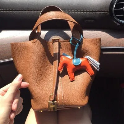 Stylish Handbag, Unique Bucket Classic Shopping Tote Bag, Soft PU Litchi Pattern Basket Women Bag with Lock Small Horse Scarves