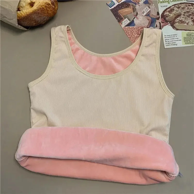 Women'S Winter Thermal Underwear Top Seamless Plus Velvet Shirt Sleeveless Vest Warm Female Undershirt Solid Color Sexy Lingerie