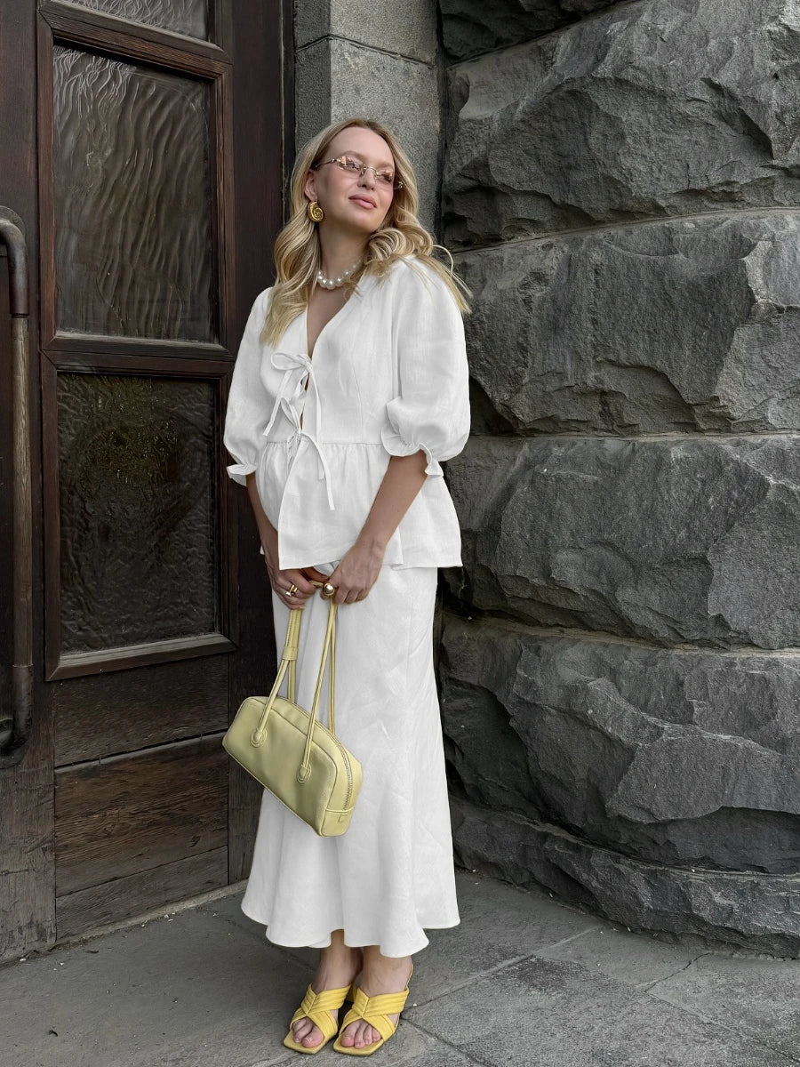 Bornladies 2025 Summer Women's 100% Cotton V-Neck Lace-Up Bubble Sleeve Shirt Long Skirt Set Loose Casual Two-Piece Suit