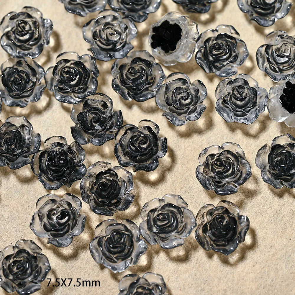 100Pcs Black 3D Camellia Flower Nail Charms Nail Art Decoration Flatback Rose Flower Nail Rhinestone Gems Manicure Nail Jewelry