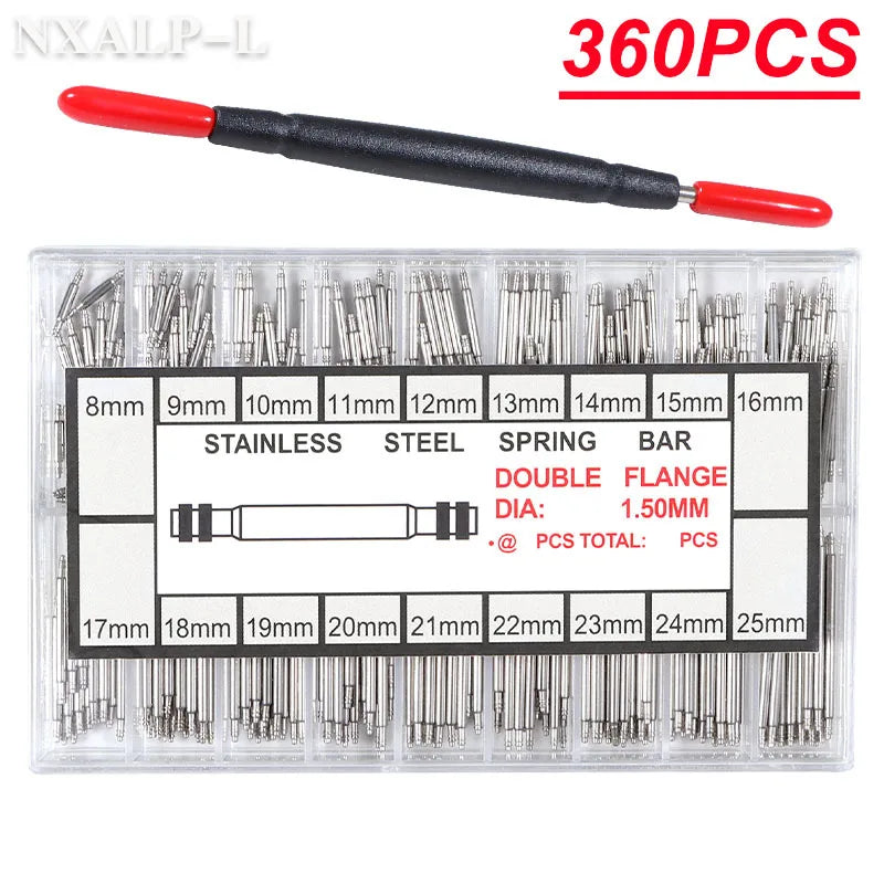 360pcs/set Dia 1.5mm/1.8mm Strainless Steel Spring Bars Length 8mm- 25mm Watchband Strap Metal Link Pin Watch Repair Tools Pin