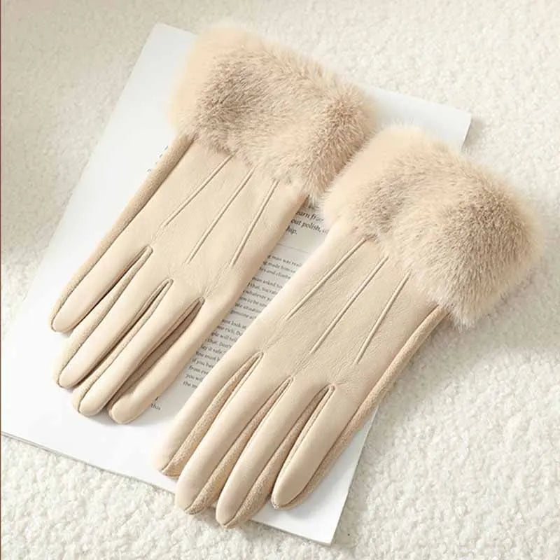 Winter Luxury Women's PU Leather Gloves Wrist Soft Faux Fur Trim Cuff Fashion Elegant Party Warm Touch Screen Drive Cycling