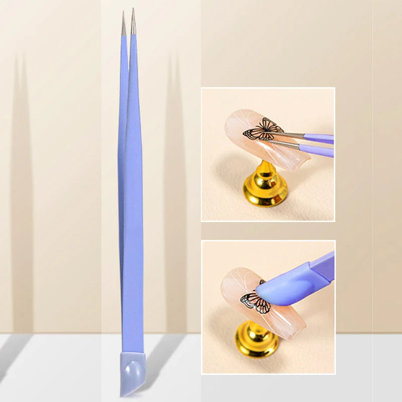 Manicure Multi-function Tweezers Multi-purpose Clip Picking Tool Silicone Head Press Stick Sticker NailArt Clamp Diamond Tweezer