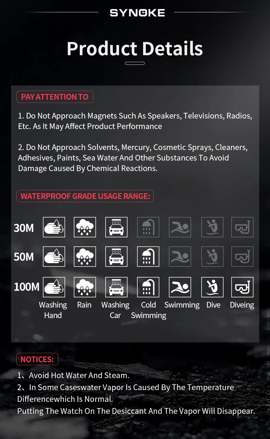 SYNOKE Men Rectangular Sports Electronic Watch Waterproof 50M Night Light Large Screen Alarm Clock Trend Retro Style