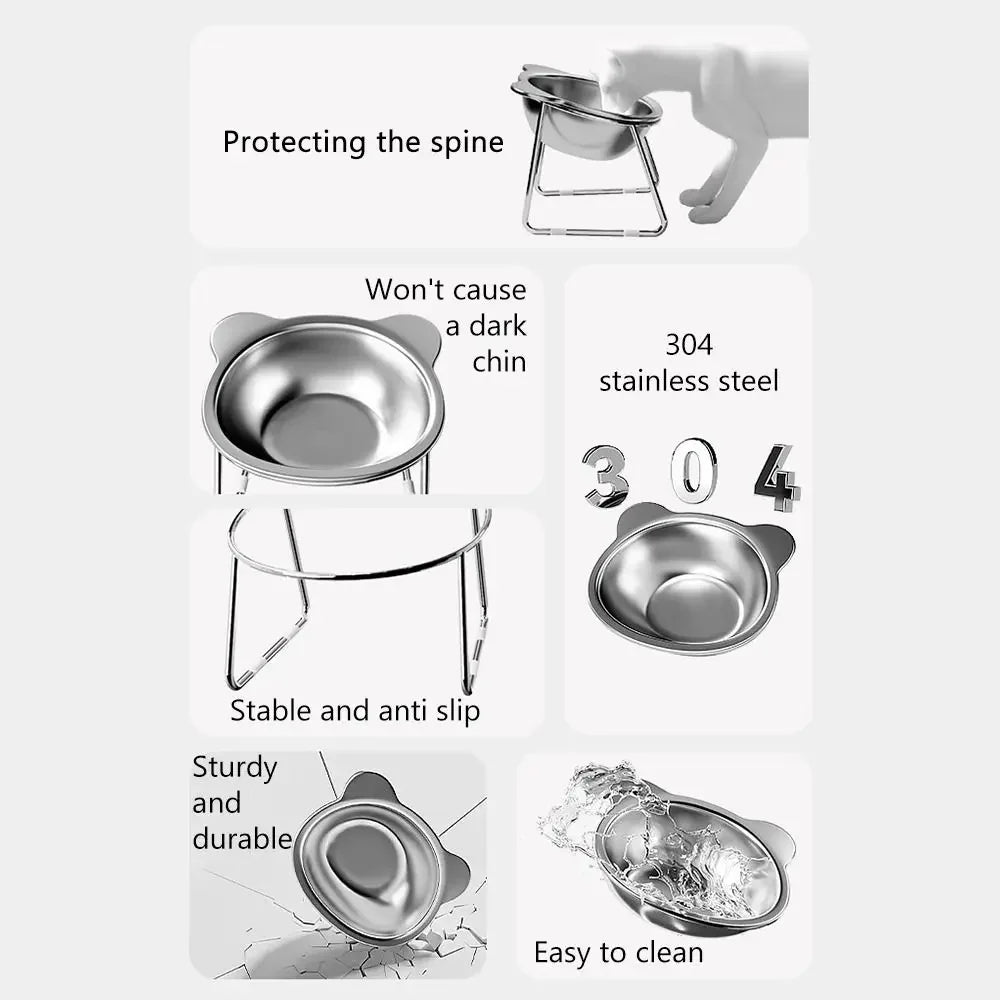 304 Stainless Steel Raised Cat Bowl with 15° Elevated Design Tilted Neck Guard Healthy Feeding Shatterproof for Cats Puppies
