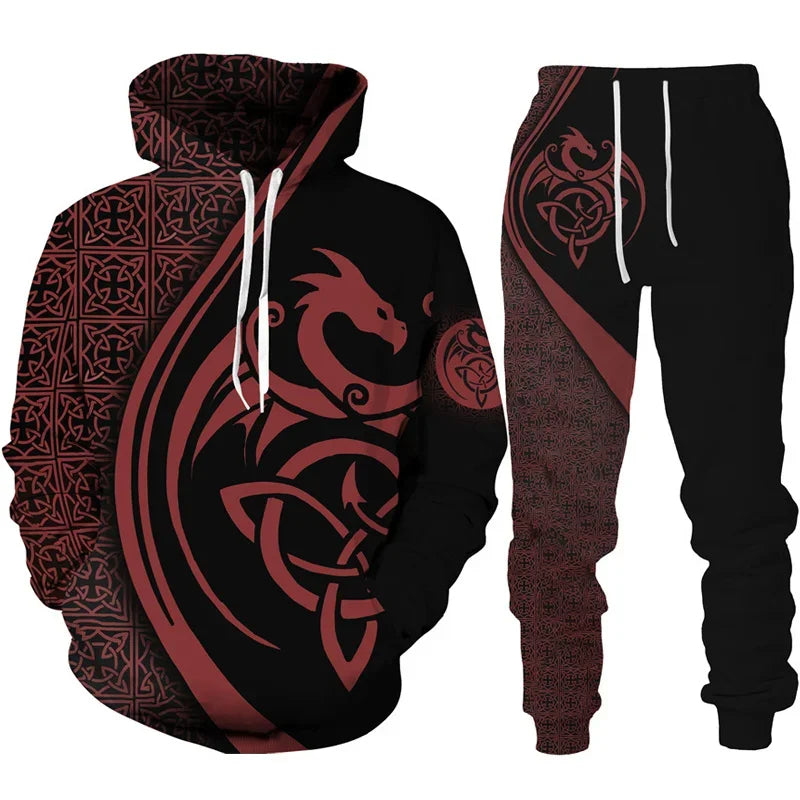 Retro Dragon Tattoo Tracksuit Set – 3D Print Hoodie & Pants, Casual Oversized 2-Piece Sweatshirt Outfit for Men & Women