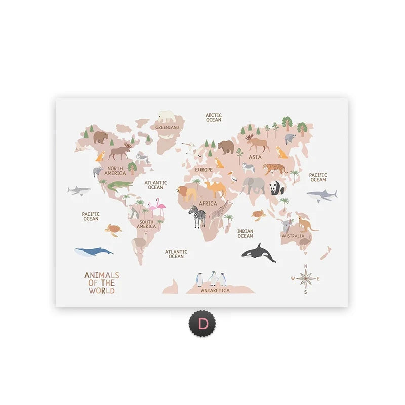 World Map Canvas Painting Pastel Animal Theme Educational Wall Art Nordic Posters and Prints Pictures for Kids Room Decoration