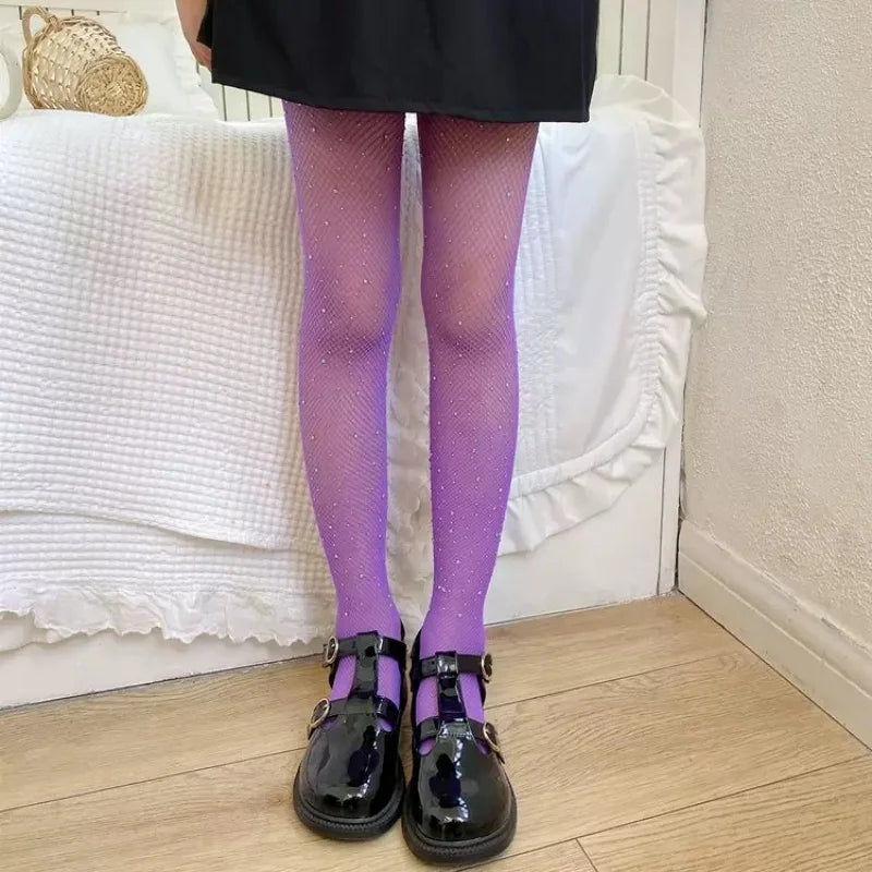 Child Fish Net Rhinestone Stretchy Tight Performance Costume Fishnet Legging Princess Baby Girls Shining Diamonds Mesh Pantyhose