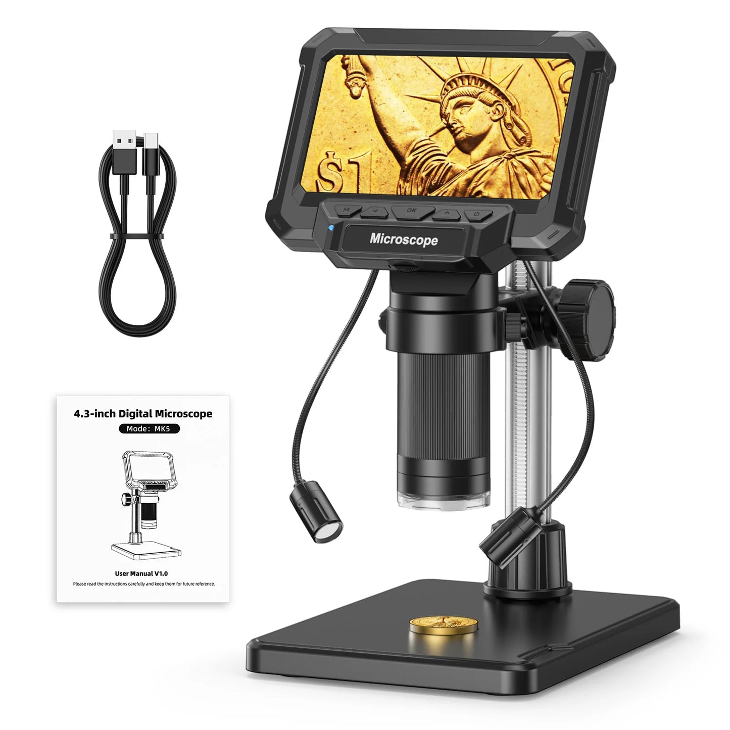 Digital Microscope with 4.3inch IPS Screen 1600X Coin Mirroscope with Lights 1920P HD Video Microscope for PCB, Coins, Plants