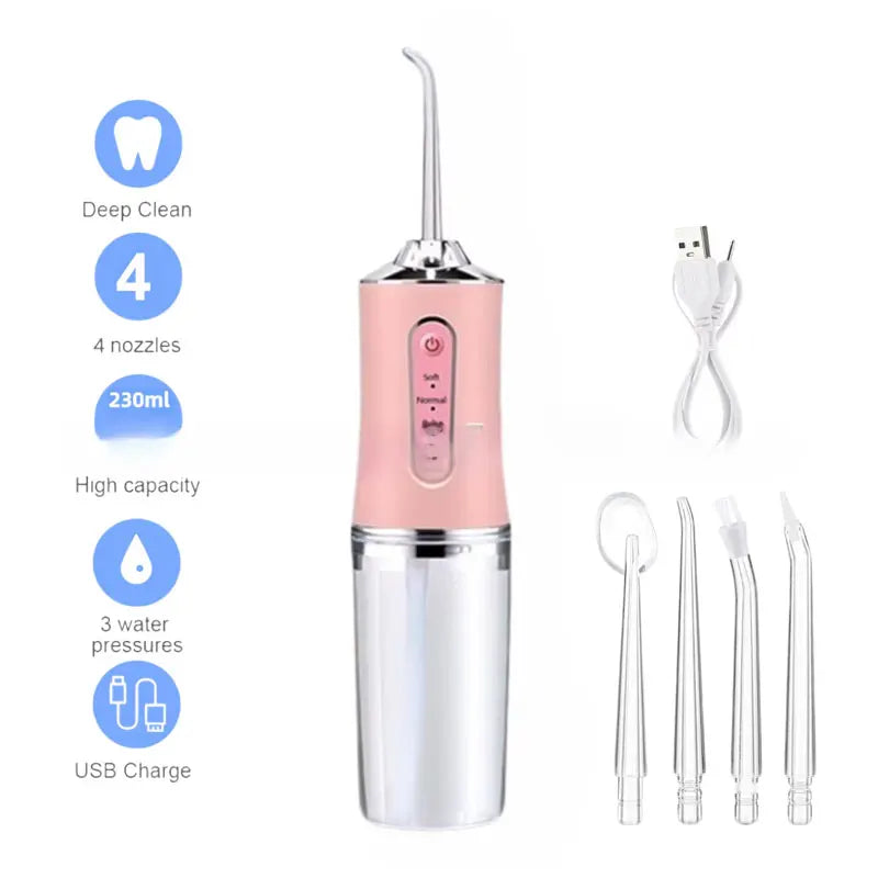 Oral Irrigator Portable USB Rechargeable Dental Water Flosser Water Jet Floss Tooth Pick 4 Jet Tip 220ml 3 Modes IPX7 Waterproof