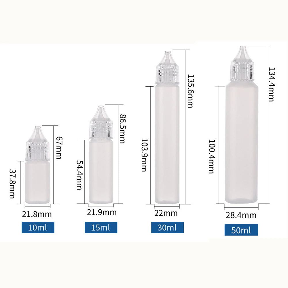 1PC, 10ml/15ml/30ml/50ml Needle Tip Squeezable Bottle Refillable Liquid Plastic Bottle Container with Wide Mouth Empty Pen Style