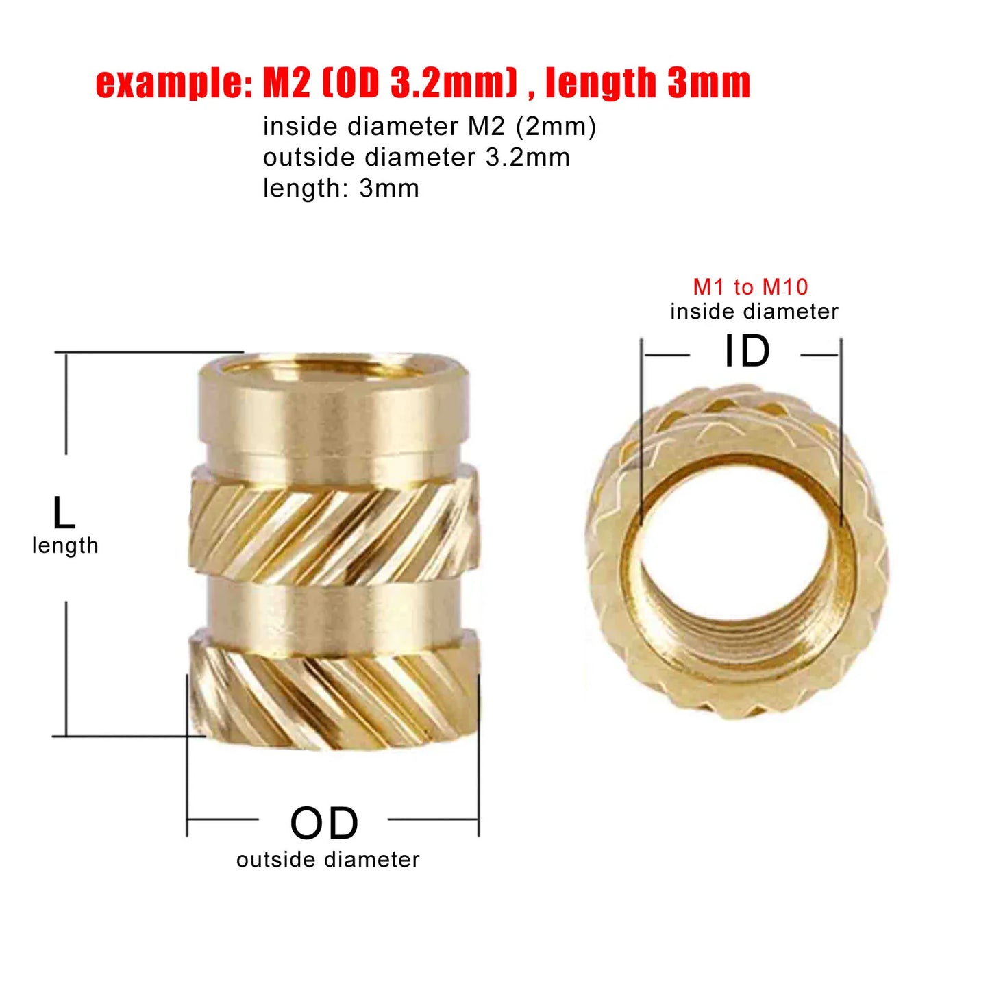 HZYUEGOU M1 M1.2 M1.4 M1.6 M2 M2.5 M3 M4 M5 M6 Hot Melt Heat Injection Molding 3D Print Brass Copper Embed Knurled Insert Nut