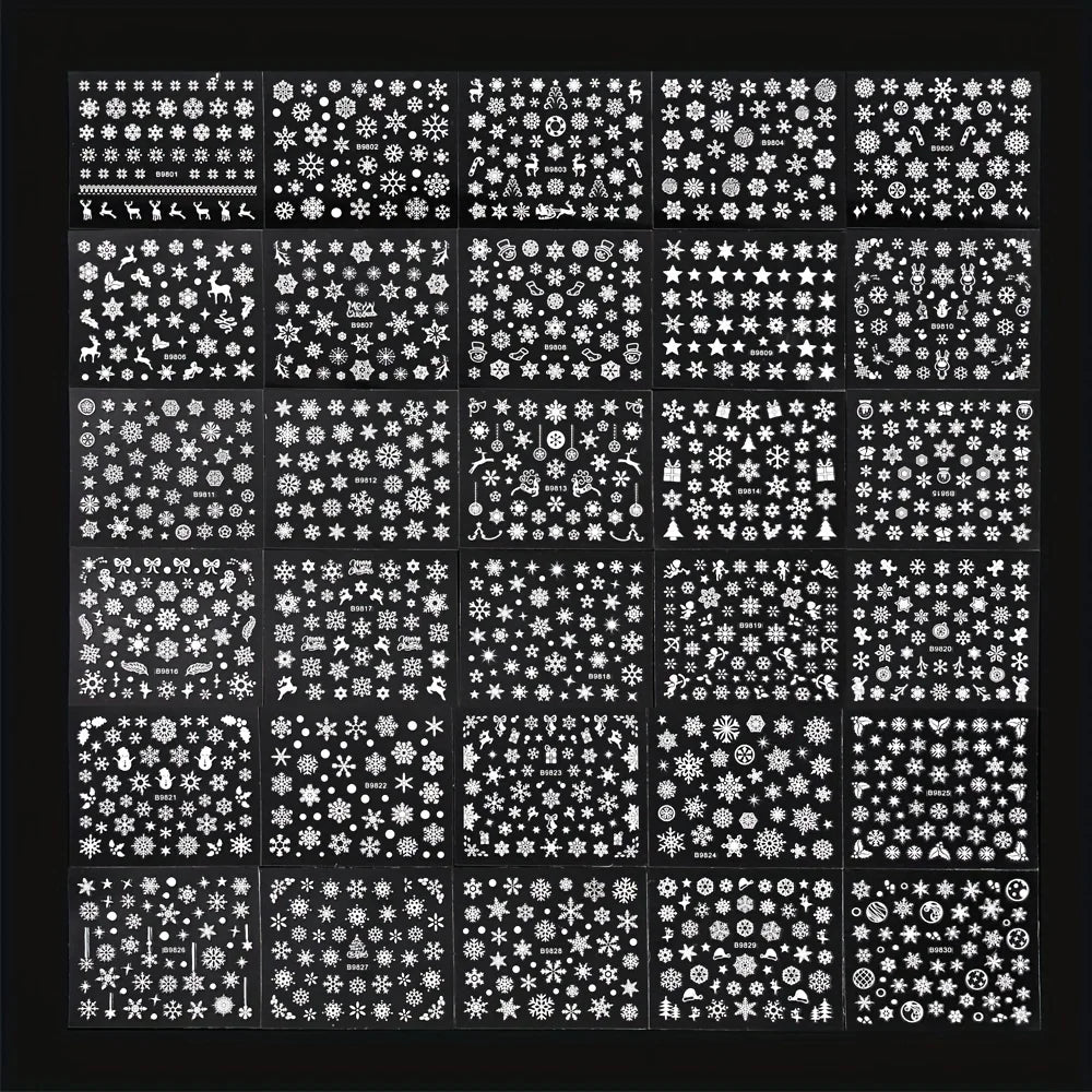30pcs Sheets Christmas 3D Nail Art Stickers Decals Nail Art Supplies for Women And s - Self-Adhesive Cartoon Snowflake Snowman
