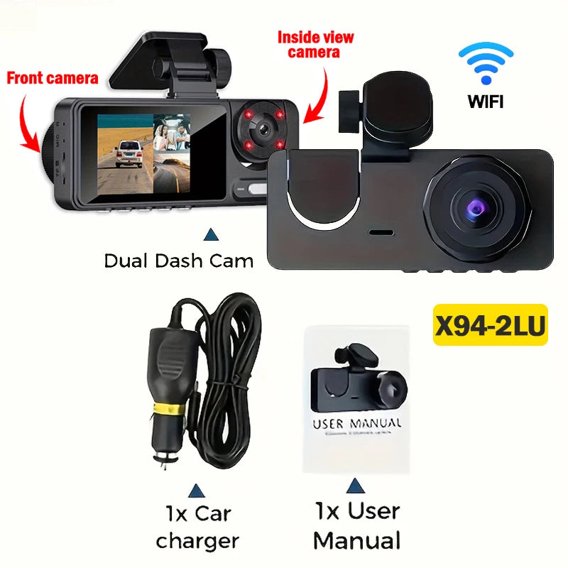 3 Channel Car Camera,Triple Lens WiFi Dashcam, 1080P HD Video Recorder, Night Vision, Car DVR with Wide Angle for Front and Rea