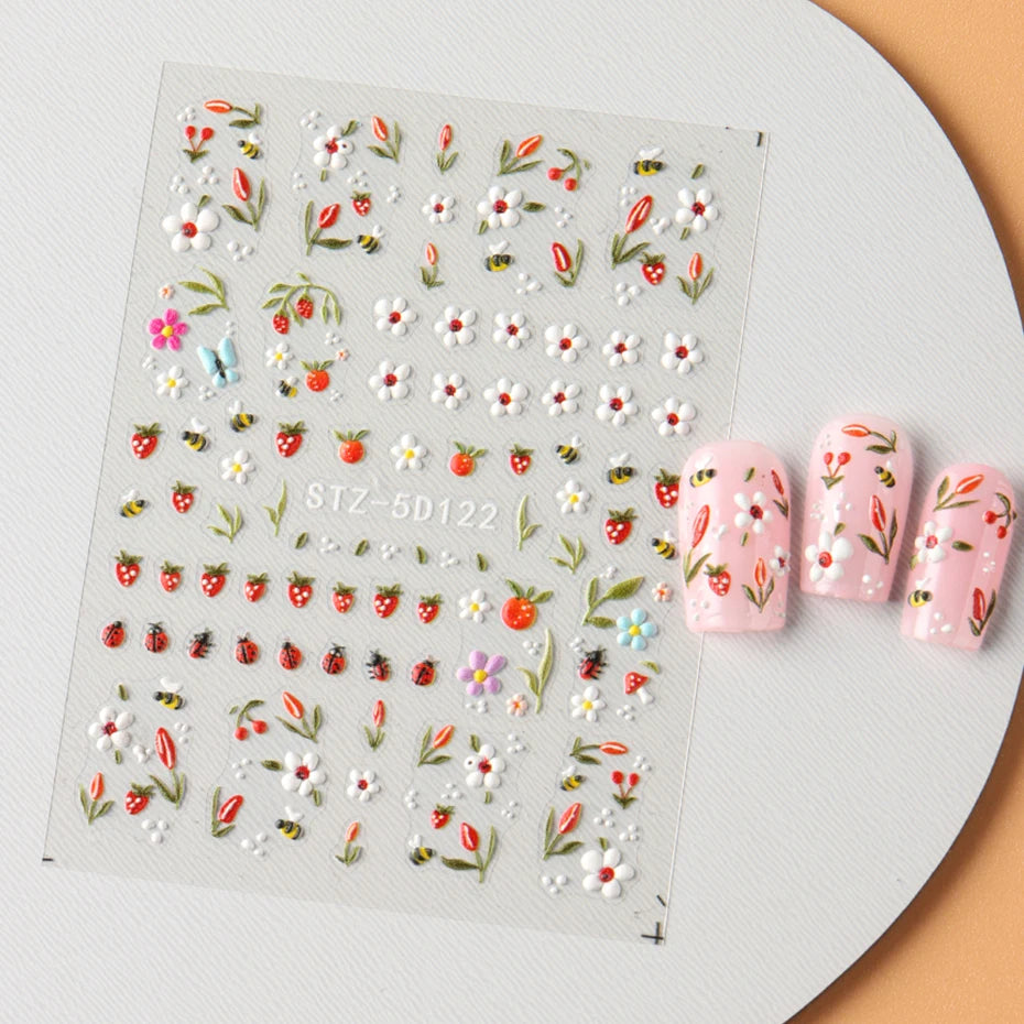5D Embossed Kawaii Ladybug Sliders Spring White Daisy Flowers Nail Stickers DIY Simple Petals Wedding Nails Decals Accesories