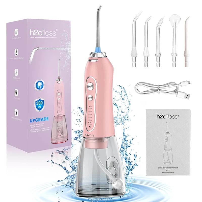 H2ofloss Cordless Water Flosser 5 Modes 300ml 2500mAh USB Rechargeable Portable High Pressure Oral Irrigator for Teeth Cleaning
