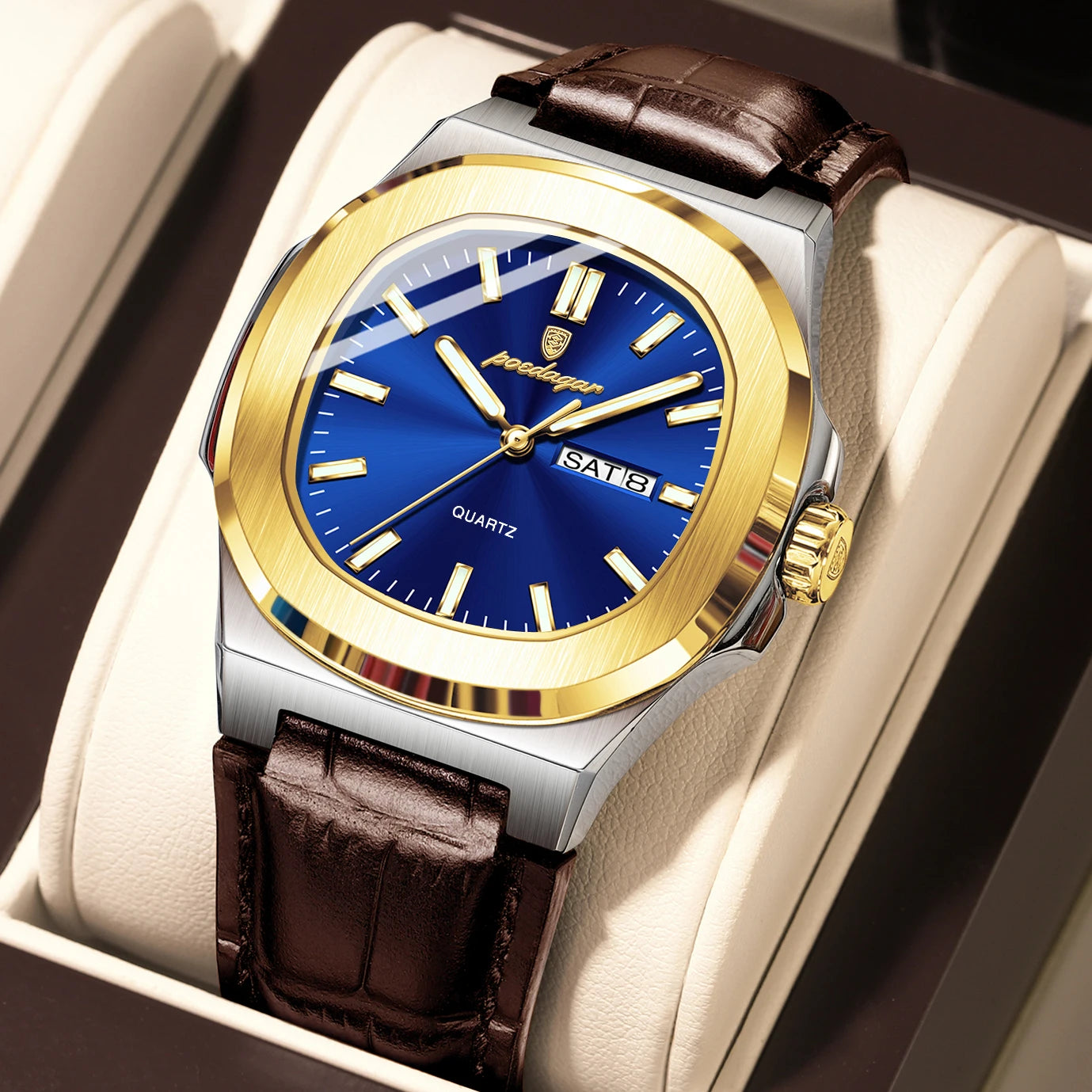 POEDAGAR Square Wristwatch For Men Luminous Waterproof Week Calendar Luxury Man Clock Leather Quartz Fashion Men's Watches Reloj