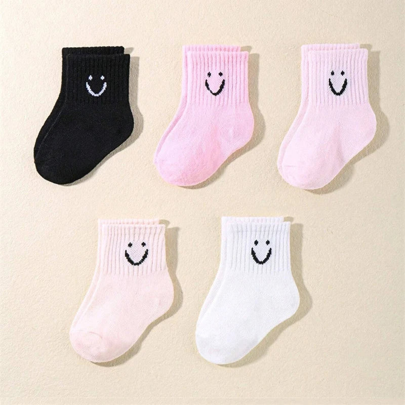 10 Pairs of Cute Solid-Color Smiling Face Pattern Children's Mid-Calf Socks, Suitable for Boys and Girls Socks