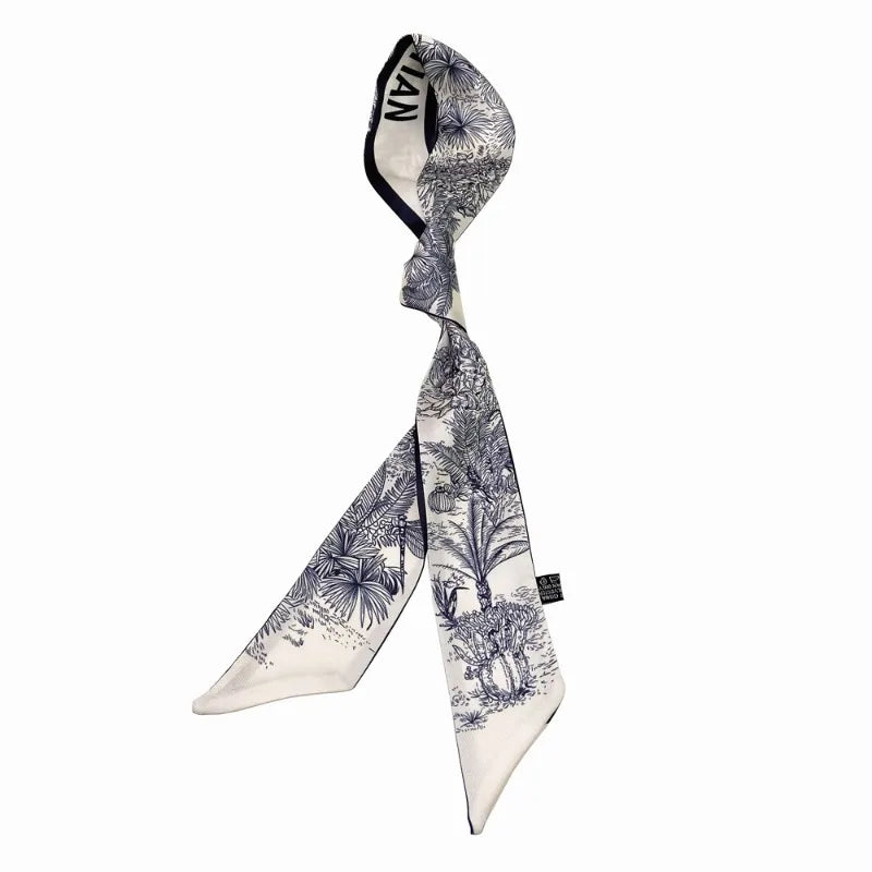 120*5cm Plant Jungle Printed Scarf for Women's Spring Summer New Model Emulated Silk Streamer Fashionable Retro Hairband Streame