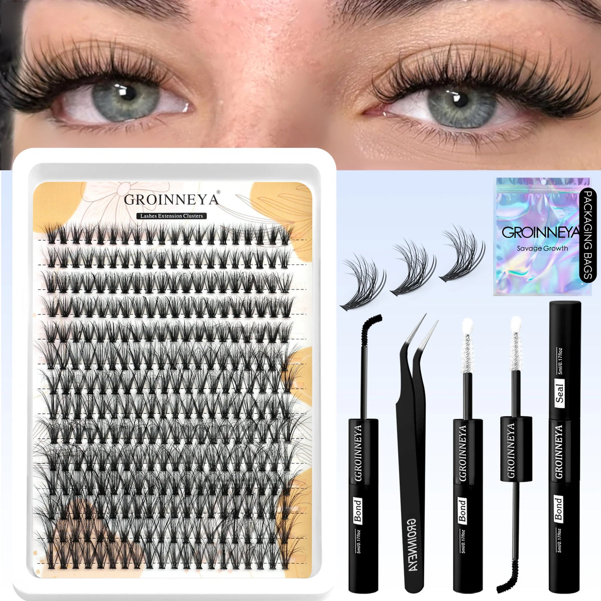 GROINNEYA Lash Clusters Kit With Waterproof Strong Hold DIY Lash Extension Kit Lash Bond And Seal And Eyelash Tweezers Makeup