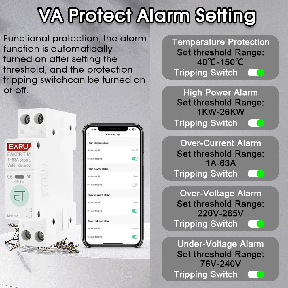 Tuya WiFi Smart Circuit Breaker MCB 1P+N 63A Timer Power Energy kWh Voltage Current Meter Protector Voice Remote Control Switch