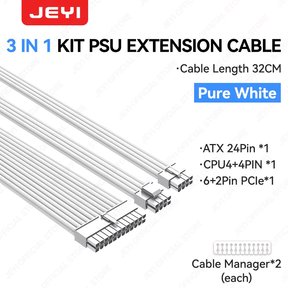 JEYI PSU Extension Cable Kit-24Pin ATX + 8Pin EPS + 6+2Pin PCIe,18AWG Sleeved with Combs,Fit Universal Case Compatibility