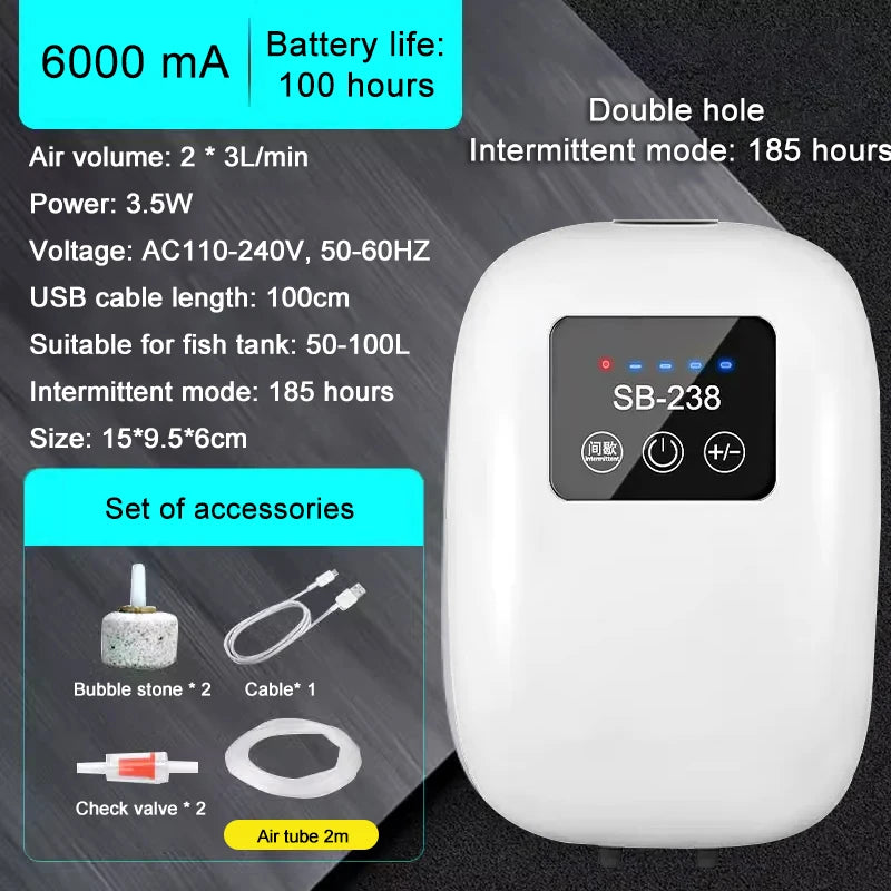 SOBO Aquarium Fish Tank Oxygen Air Pump Compressor Charging Silent USB with Battery Portable Fishing Oxygenator 6000mA Outdoor