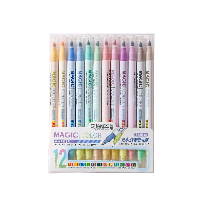 12pcs Double-ended Magic Color Changing Highlighter Pen Set, Student Diary Scrapbook Painting DIY Making, Classroom and Office S