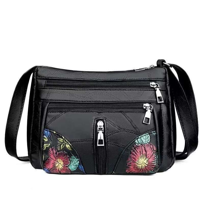 Women's Floral Embroidery Shoulder Bag Multi-zipper Casual Crossbody Bag Lightweight for Daily Shopping Dating Outing