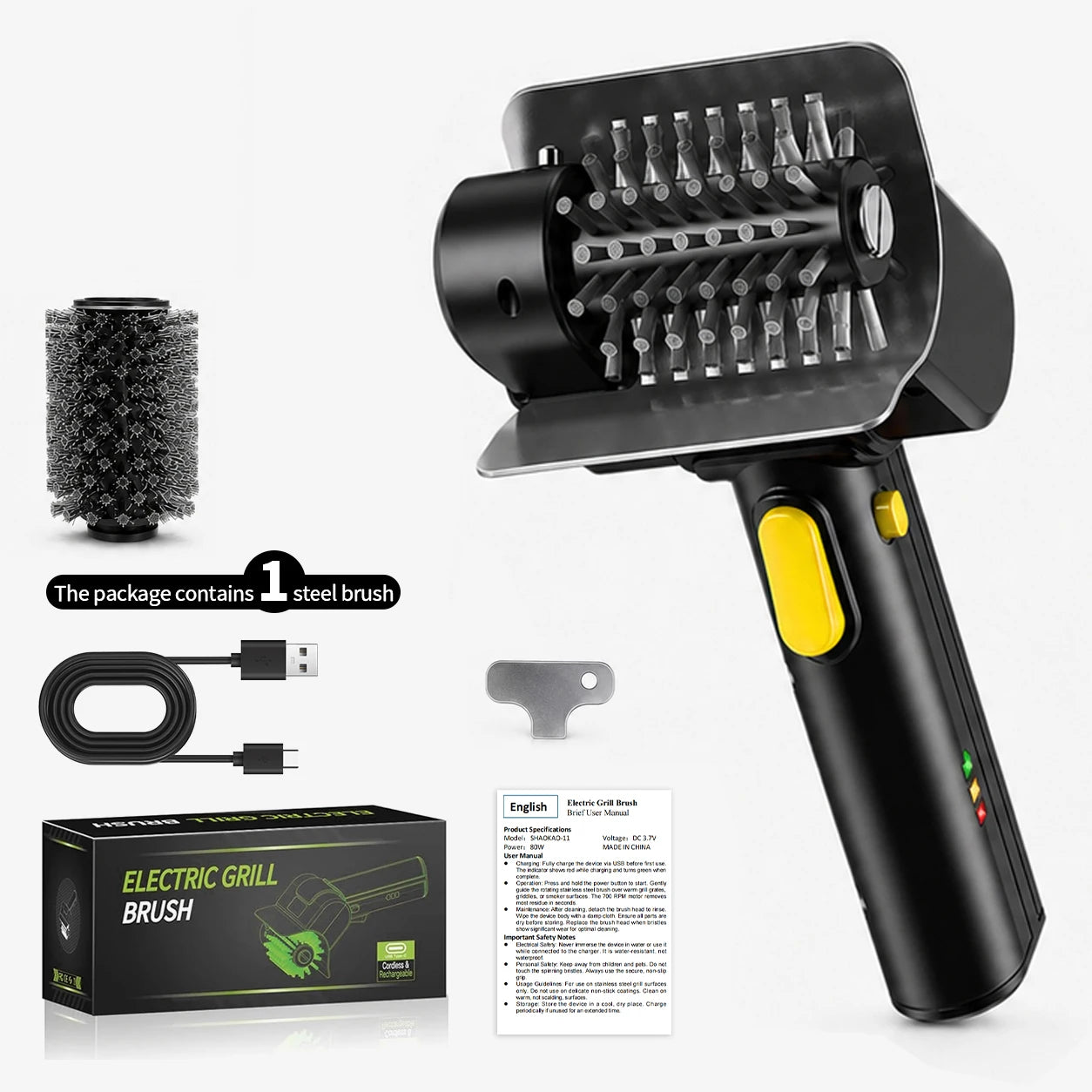 Hippcron Rechargeable Electric Grill Brush 1100 RPM – 304 Stainless Steel Barbecue Cleaning Tools Ergonomic Non-Slip Handle