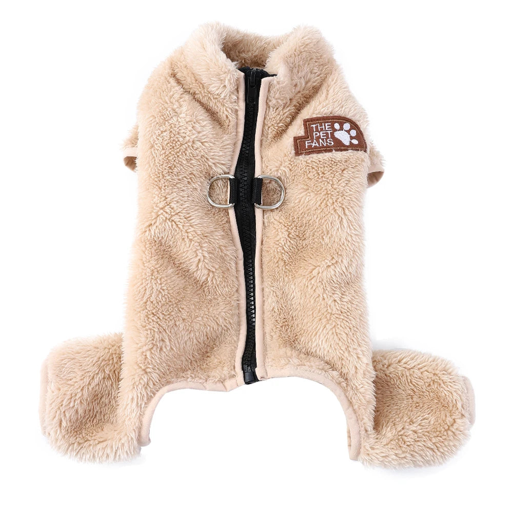 Soft Fleece Dog Clothes Winter Four Legs Covered Plush Pet Coat D-Ring Zipper Puppy Jacket Autumn Overall For Small Middle Dog