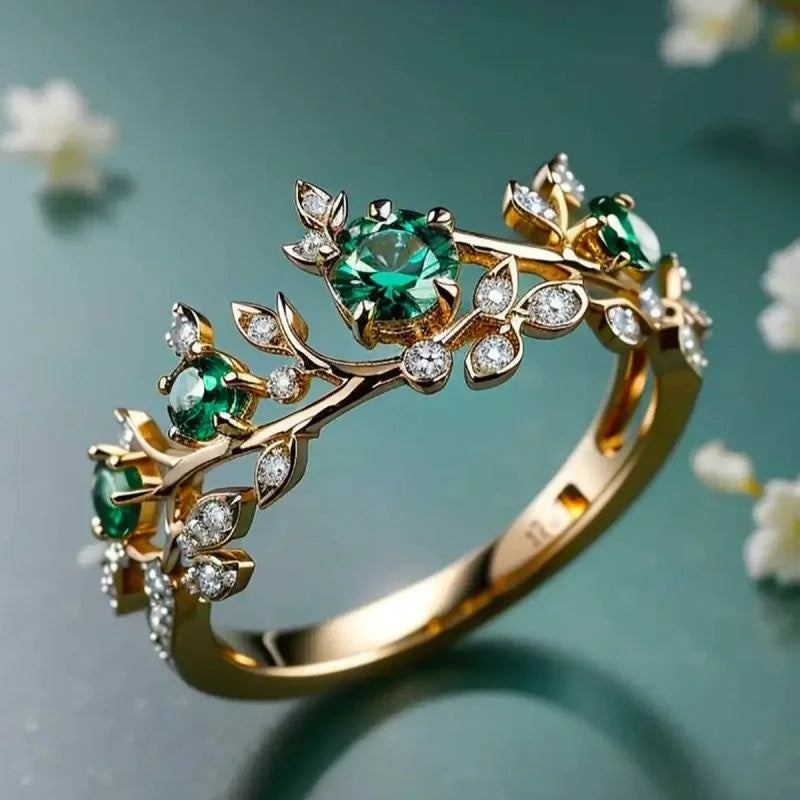 Geometric Leaf Shape Inlay Green Color Zircon Rings For Women Birthday Gift Accessories Custom Jewelry
