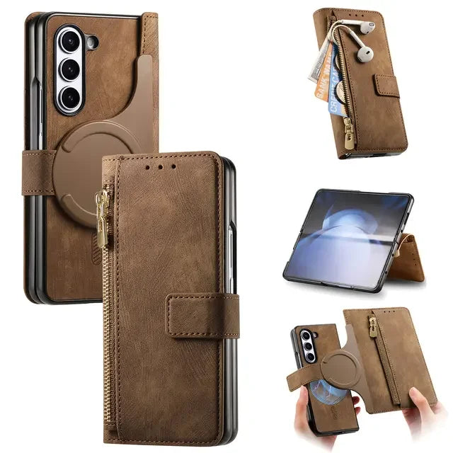 2 in 1 Magnetic Zipper Cards Solt Wallet Leather Case For Samsung Galaxy Z Fold 8 ultra 7 6 5 Wireless Charging Bag Purse Cover