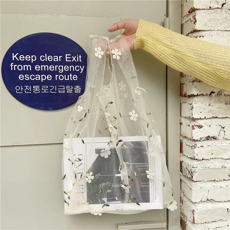 Women Transparent Tote Double Organza Yarn Cloth Bag Embroidery Flowers Handbag High Quality Eco Shopping Bag Purses For Girls