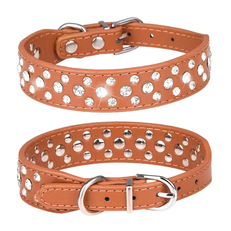 Pet collars for small dogs, pet collars, rhinestone PU collars for cats and dogs, adjustable to prevent pets from being lost