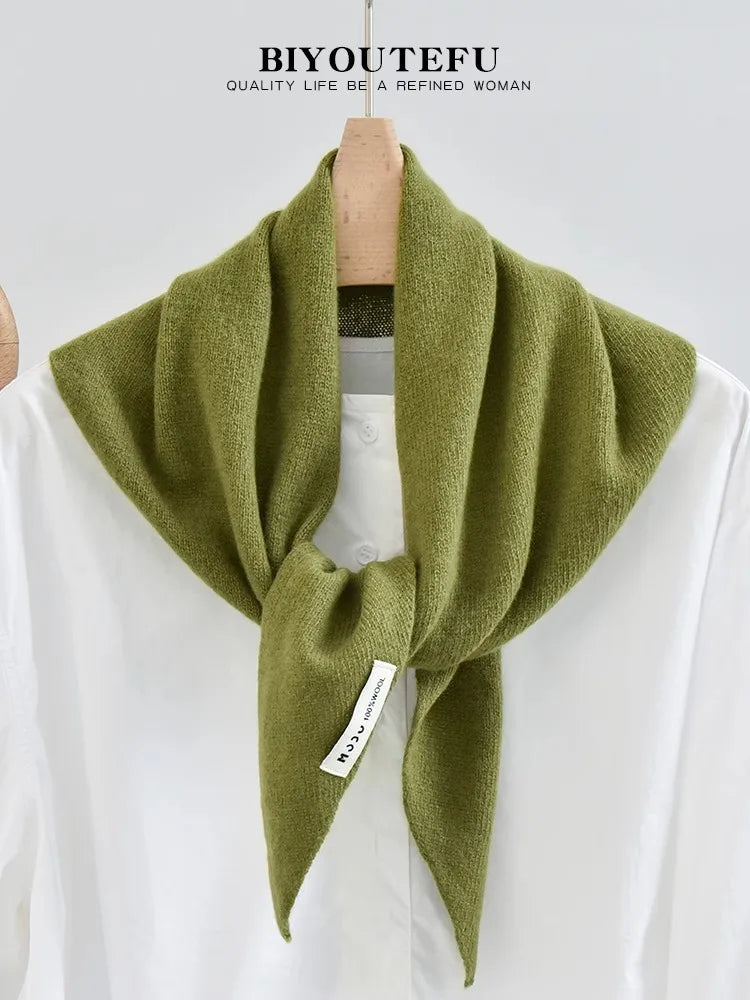 100% Australian Wool Knitted Triangle Scarf Shawl Women's Autumn Winter Warm Neck Protection Scarf Decorative Small Scarf