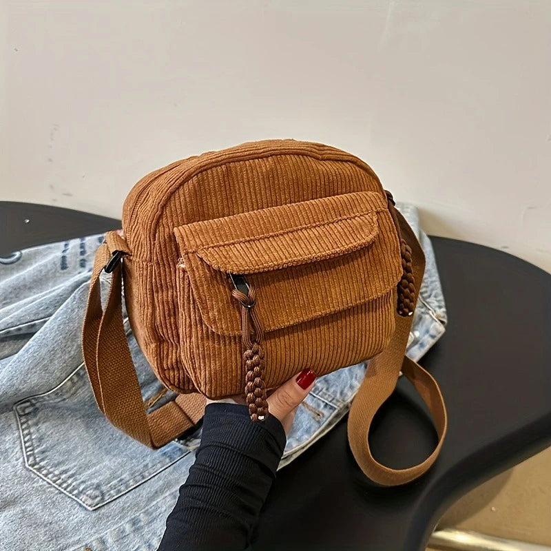 Corduroy Crossbody Bag for Women Casual Harajuku Style Zipper Closure Adjustable Strap Multi Pockets Polyester Lining Beige