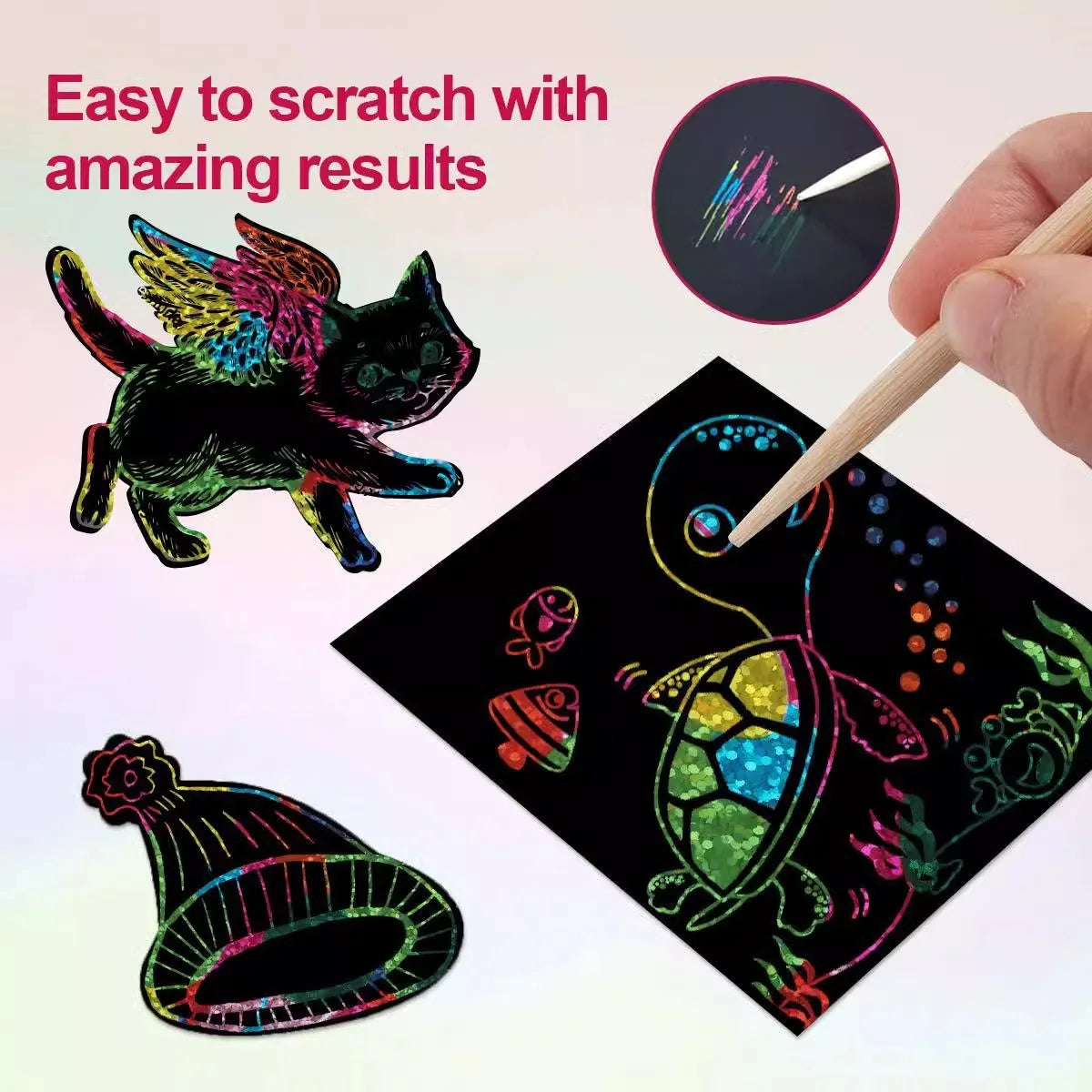 100pcs Scratch Paper Art Set Scratch Off Rainbow Magic Paper with 2 Bamboo Stylus Black Scratch Notes Xmas Birthday Gift Card