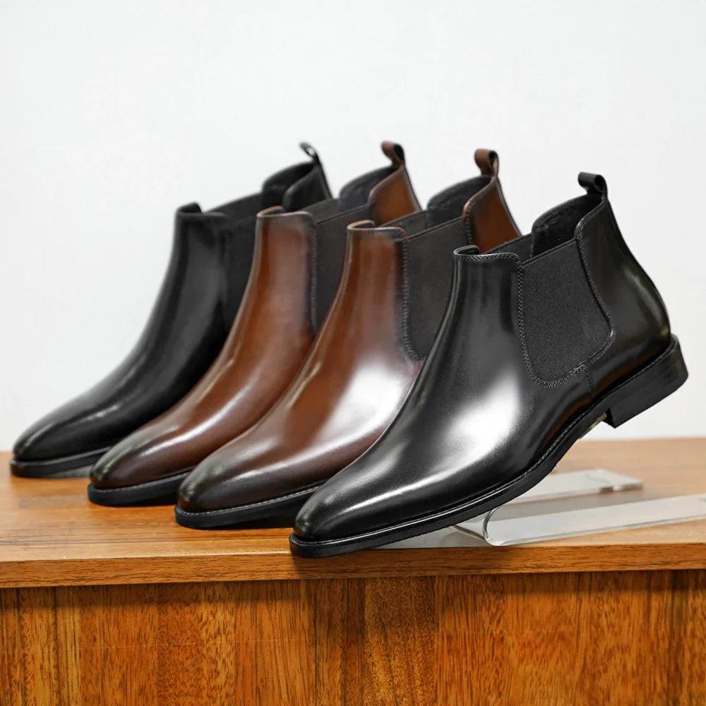 Men's Brown Pointed Toe Dress Boots - Handmade Chelsea Slip-Ons