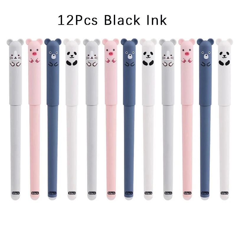 12pcs Animals Panda Erasable Gel Pen 0.5mm Blue Black Erasable Pen Refills Rods Washable Handle School Supplies Stationery